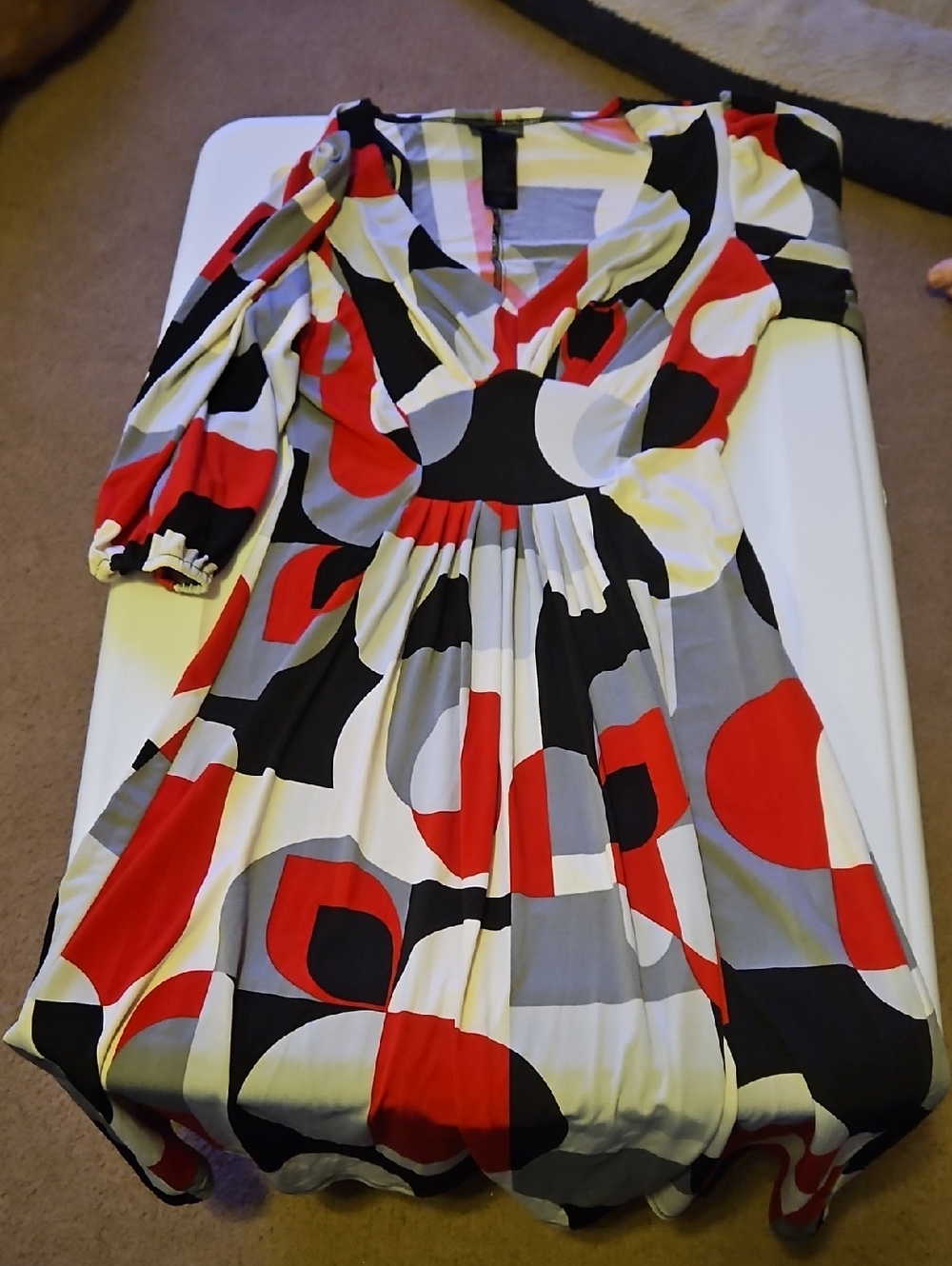 Bisou Bisou Red, Black, Gray & White Geo-Print Long Sleeve Dress